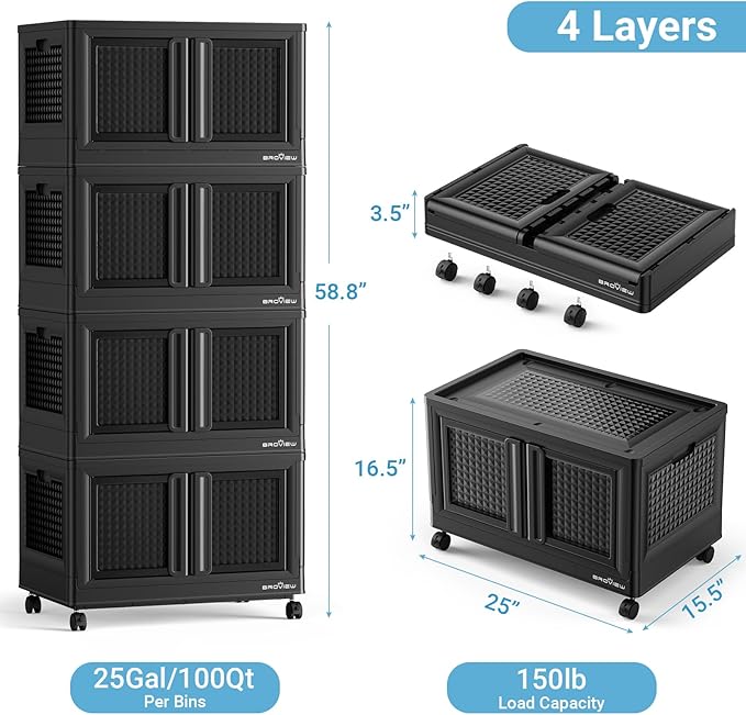 400Qt Stackable Storage Bins with Lids, 100Gal Closet Organizers and Storage Drawer, Plastic Collapsible Storage Bins with Doors, Heavy Duty Store Box Cabinet for Home Kitchen, 4Pack Black-Ruum Studio Home
