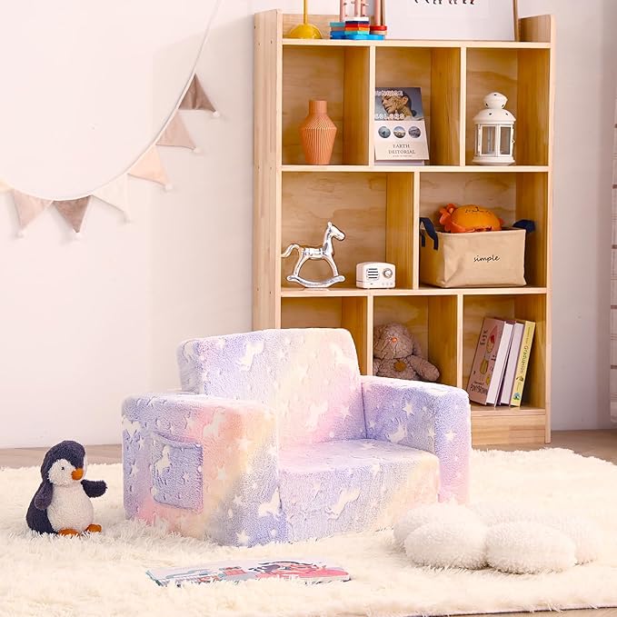 Toddler Chair Kids Couch, 2-in-1 Toddler Soft Sherpa Couch Fold Out Armchair with Removable Cover, Convertible Reading Chair Toddler Sofa for Kids, Glow in The Dark Purple Horse-Ruum Studio Home
