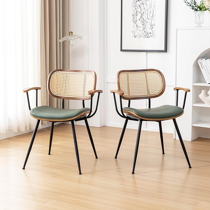 Rattan Dining Room Chairs Set of 2,Mid Century Modern Kitchen Side Chairs,Metal Legs Desk Chair,Faux Leather Accent Chair with Arms and Rattan Backrest Green PU-Ruum Studio Home