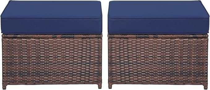 Outdoor Ottoman Rattan Footstool - Patio Ottomans with Removable Cushion, All-Weather PE Wicker & Steel Frame for Poolside, Garden Outdoor Furniture,23.6 x 21.7 x 17.8 inches, Brown-Ruum Studio Home