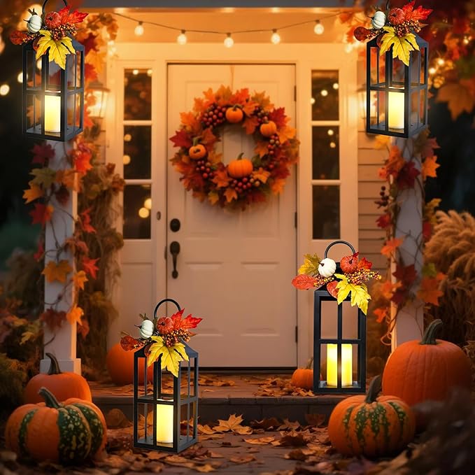 Fall Decorative Lanterns Outdoor, Waterproof 17.7" Decorative Lantern Indoor Decor Metal Hanging Candle Holder LED Flameless Candle Lantern for Patio, Porch, 2 Packs-Ruum Studio Home