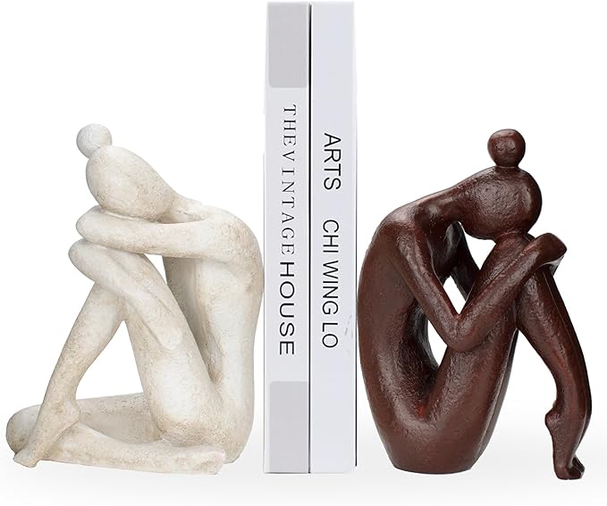 Decorative Bookends for Shelves, Unique Book Ends for Home Office Decor, Meditation Girl Statue Book Stopper for Bookshelf Decor, Modern Abstract Aesthetic Decoration White & Brown-Ruum Studio Home