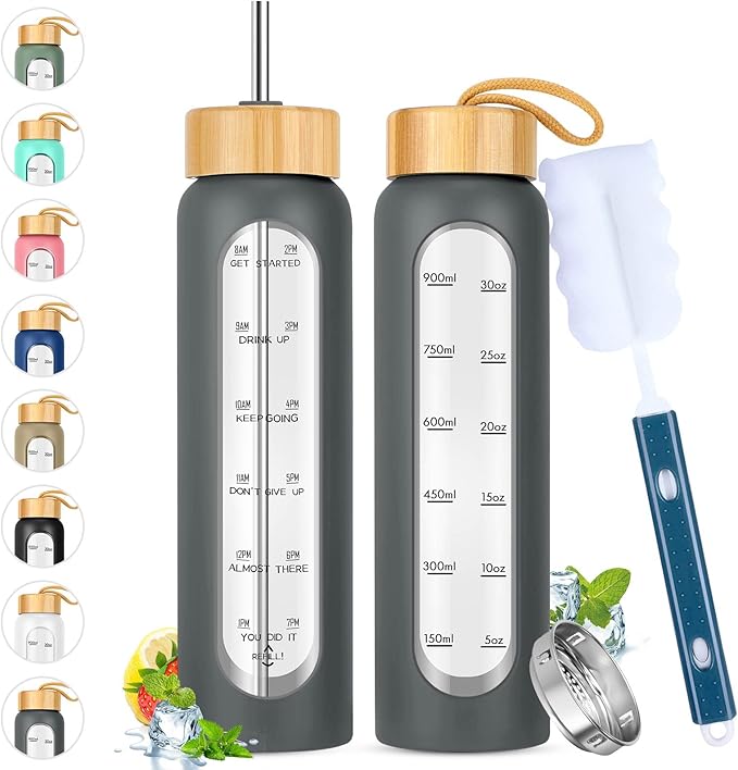 32 oz Glass Water Bottle with Straw - Motivational Time Marker & Silicone Sleeve - Reusable Tumbler Includes 2 Bamboo Lids & Fruit Infuser - 1 Pack-Ruum Studio Home