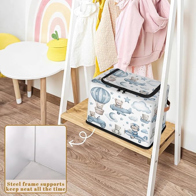 Rectangular Storage Baskets for Shelves - Waterproof Foldable Laundry Basket, Nursery Hamper, Reusable Toy Bin for Organizing Toys, Books, Clothes, Closet 14"x10.2" x10.4" (Little Bear)-Ruum Studio Home