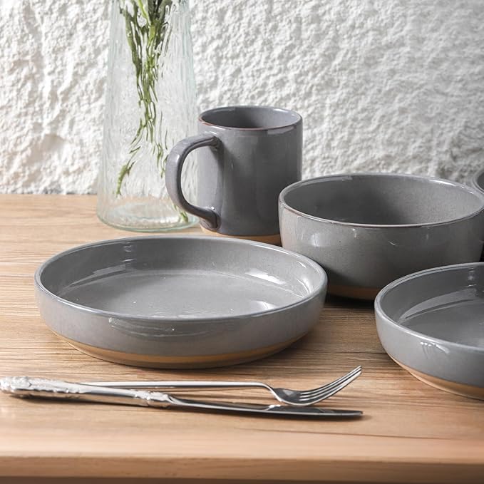 Pasta Bowls 26 OZ,Ceramic Salad Serving Bowls Set of 4,Large 8.2 inch Shallow Bowls Plates for Soup,Fruit,Noodle,Dinner,Dishwasher & Microwave Safe,Gray-Ruum Studio Home
