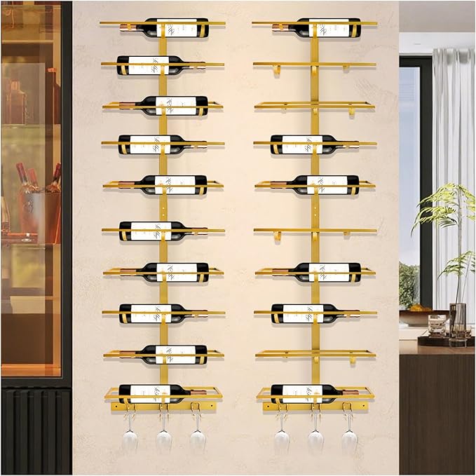 20 Bottle Wall Mount Wine Rack with Wine Glass Holder, Metal Wine Wall Rack, Wall Racks for Wine Bottles Display and Storage, Hanging Bottle Organizer for Living Dining Room Wine Cellar Bar (Gold)-Ruum Studio Home