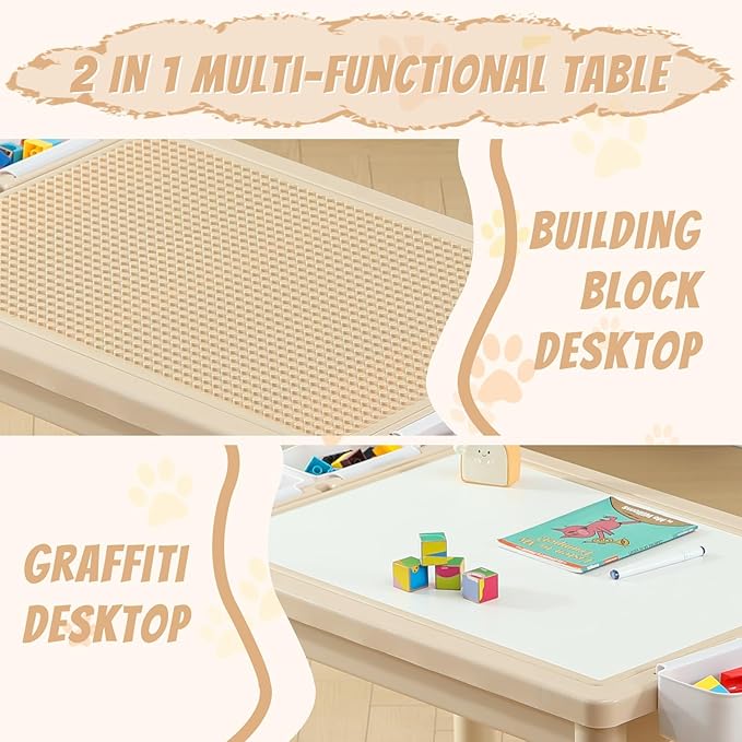 Multi Functional Kids Table and 2 Chairs Set, Graffiti & Building Blocks Double-Sided Tabletop, Toddler Play Table with Drawers, Large Storage Space, Gift for Boys/Girls, Burlywood-Ruum Studio Home