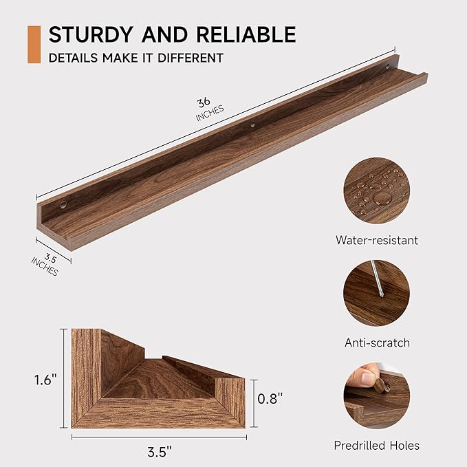 Fun Memories Picture Ledge Shelf, 36 Inch Floating Shelves Set of 2, Nursery Book Shelves for Toys Storage, Kids Bookshelf Wall Mounted for Wall Decor Books Photo Frames, Walnut-Ruum Studio Home