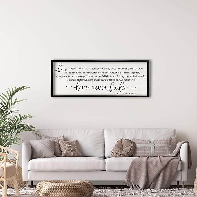 flowtorely Love is Patient, Kind Wall Art Decor 40"X15" Love Never Fails Sign 1 Corinthians 13 Bedroom Above Bed Large Bible Verse Quote Scripture Christianity Hanging Sign (Black)-Ruum Studio Home
