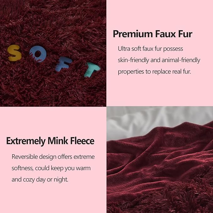 GONAAP Fuzzy Faux Fur Throw Blanket Queen Size Wine Red Super Soft Cozy Plush Fuzzy Shaggy Blanket for Couch Sofa Bed (Wine Red, Queen(90"x90"))-Ruum Studio Home
