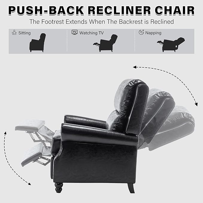 UIXE Pushback Recliner Chairs Set of 2, PU Leather Armchair Push Back Accent Chair, Rivet Trim Club Chair Home Theater Overstuffed Single Sofa Reading Seat for Living Room, Black-Ruum Studio Home