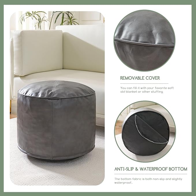 HIGOGOGO Round Stuffed Pouf Ottoman, Pu Leather Poufs with Foam Chunk Filling Foot Stool Storage Ottoman, 26 X 18 Floor Poufs Foot Rest for Living Room, Grey-Ruum Studio Home