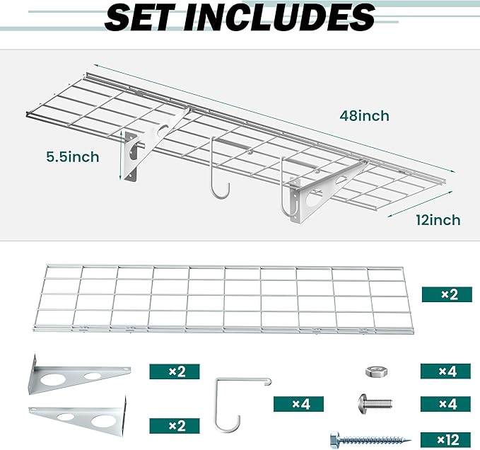 EVERHANGER Garage Wall Shelves, 12 X 48 Inch Wall Mounted Storage Shelves, Heavy Duty Metal Shelving with Hooks, 2 Pack, White-Ruum Studio Home