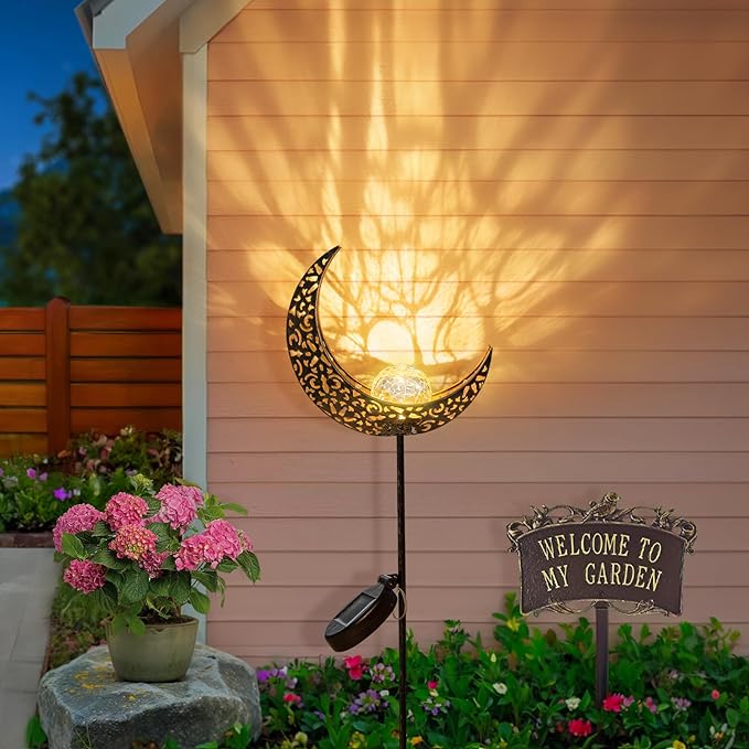 2Pack Moon Garden Solar Lights Outdoor Stakes Waterproof, Gifts for Mom, Crackle Glass Patio, Backyard Decorations, Balcony Lawn Ornaments, for Women Men Grandma (Bronze)-Ruum Studio Home