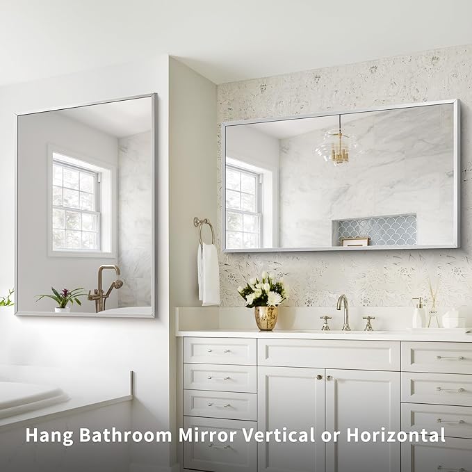Silver Bathroom Mirror for Wall, 30x48 Inch Rectangle Mirrors with Metal Frame, Modern Vanity Wall Mirror Decor for Bathroom Living Room, Entryway Hangs Horizontal or Vertical-Ruum Studio Home