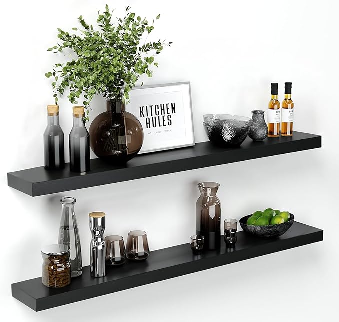 Homeforia Floating Black Shelf 60 inch, High End Solid Real Wood 60 inches Long Floating Shelves for Wall, Black Wooden 60inch Large Floating Shelves, Heavy Duty Bracket, 60 X 6.5 X 1.75 in, Set of 2-Ruum Studio Home