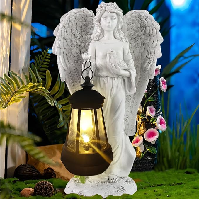 Solar Angel Garden Statue, Angel Figurine Outdoor Decor with Warm White Solar Lantern Garden Angel Figurine Outdoor Statue Waterproof Angel Sculpture Lawn Yard Art Patio Ornament Housewarming Gift-Ruum Studio Home