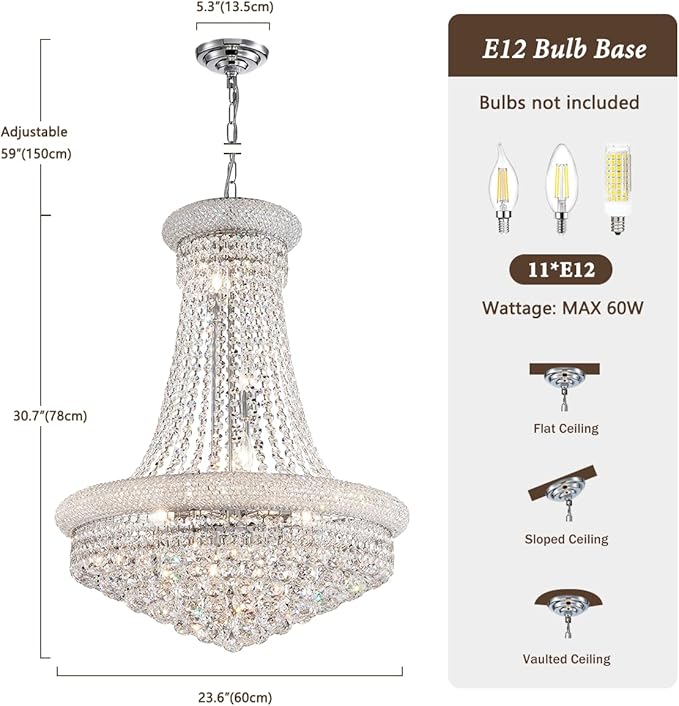 Modern Crystal Chandeliers Foryer Chandelier for High Ceilings, 11-Lights Silver Empire Crystal Chandeliers for Living Dining Room Entryway Hallway(D23.6)-Ruum Studio Home