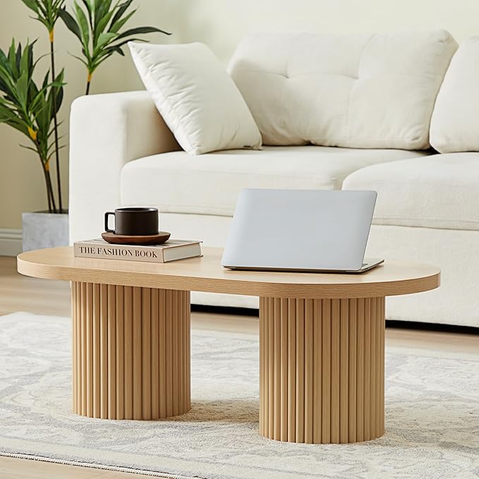 Oval Fluted Coffee Table, Farmhouse Wood Coffee Table Mid Century Modern Center Table Boho Living Room Tables for Living Room Office (Natural, 19.69" D x 39.38" W x 13.78" H)-Ruum Studio Home