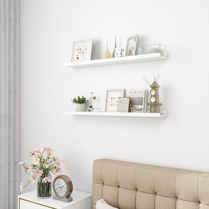 Picture Ledge Shelf, Wood Floating Shelves Set of 2, 36 inch Picture Ledge Shelves, Photo Ledge Nursery Book Shelves Wall Mounted for Living Room Kids' Room Bedroom, Color White-Ruum Studio Home