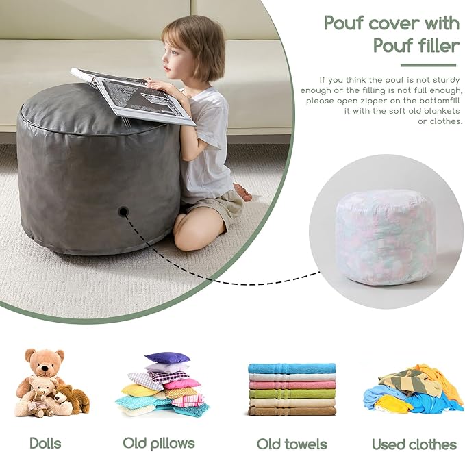 HIGOGOGO Round Stuffed Pouf Ottoman, Pu Leather Poufs with Foam Chunk Filling, Furry and Fluffy Pouf Foot Stool Storage Ottoman, 20 X 15 Floor Poufs Foot Rest for Living Room, Grey-Ruum Studio Home