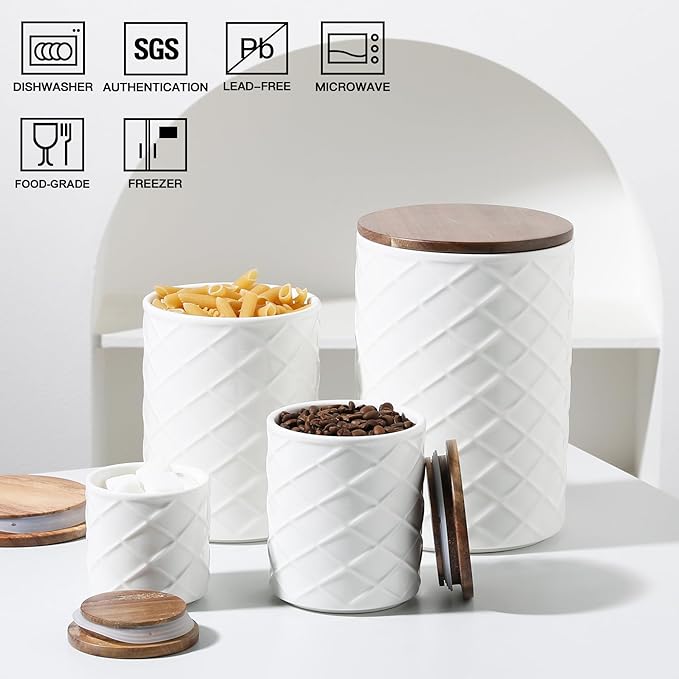 Sweejar Ceramic Canisters Sets for Kitchen Countertop, Relief Food Storage Jar with Bamboo Lid, Stackable Container for Flour, Coffee, Pasta, Cereal, Tea, Sugar, Spices, Pack of 4 (Walnut White)-Ruum Studio Home