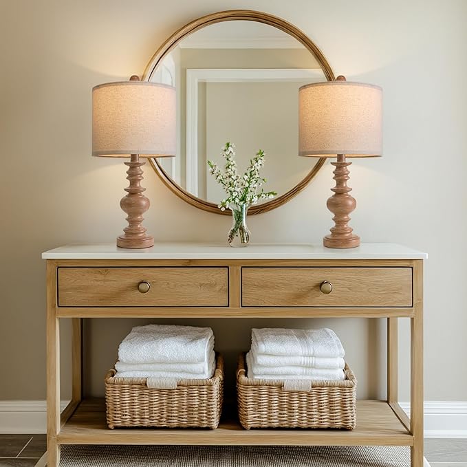 BOBOMOMO 20" Rustic Bedside Lamps Set of 2- Vintage Resin Table Lamps for Nightstands with Linen Shades, Farmhouse Lamps for Living Room, Bedroom, and Hallway (Light Brown) - Ideal for Compact Spaces-Ruum Studio Home