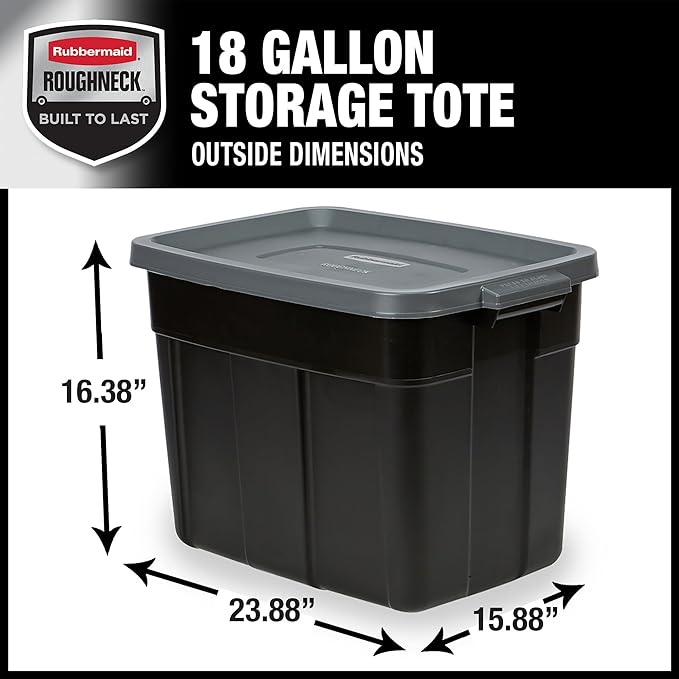 Rubbermaid Roughneck Tote 18 Gal, 6 Pack, Made in USA, Black & Gray, Rugged Plastic Stackable Storage Bins with Lids and Handles-Ruum Studio Home