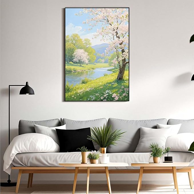 The scenery of a stream between trees and cherry blossoms under the blue sky is suitable for posting in the living room bedroom office landscape posters-Ruum Studio Home