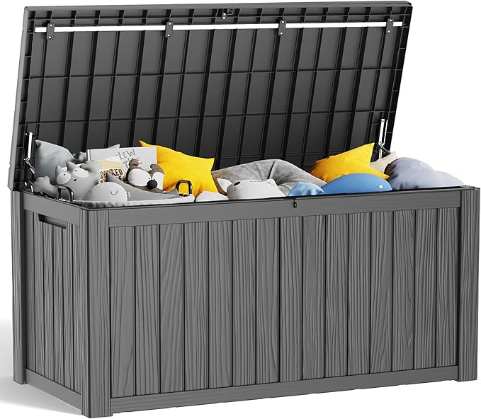 150 Gallon Deck Box,Resin Outdoor Storage Box with Lockable for Patio Furniture, Pool Accessories, Garden Tools Waterproof Outside Storage Box, Black-Ruum Studio Home
