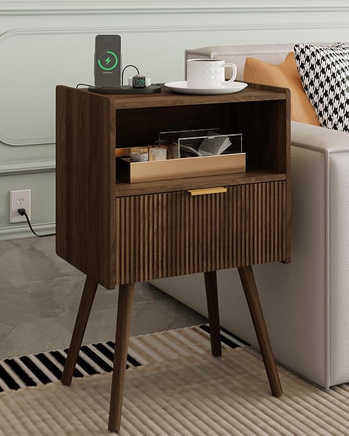 Nightstand,Modern Bedside Table with Storage Drawer and Open Wood Shelf, Accent Night Stand with Solid Wood Legs for Living Room, Bedroom and Small Spaces,Easy Assembly (Walnut Brown-Outlet)-Ruum Studio Home