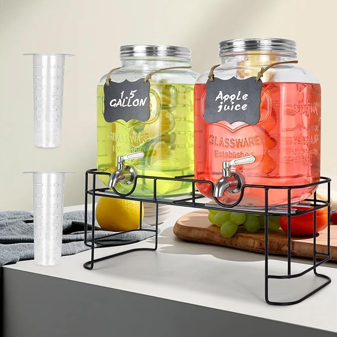 DD&HAPP Gallon Glass Drink Dispensers For Parties 2PACK.1.5Gallon Beverage Dispenser,Glass Drink Dispenser With Stand And Stainless Steel Spigot 100% Leakproof.Lemonade Dispenser With Ice Cylinder.-Ruum Studio Home