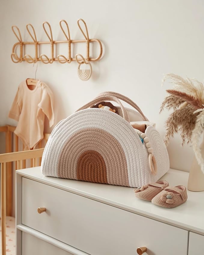Blissful Diary Baby Diaper Caddy Organizer, Cotton Rope Diaper Caddy Basket, Large Storage Basket for Newborn Boys and Girls, Gift for Baby Shower List, Newborn Essentials, Earthy Rainbow-Ruum Studio Home