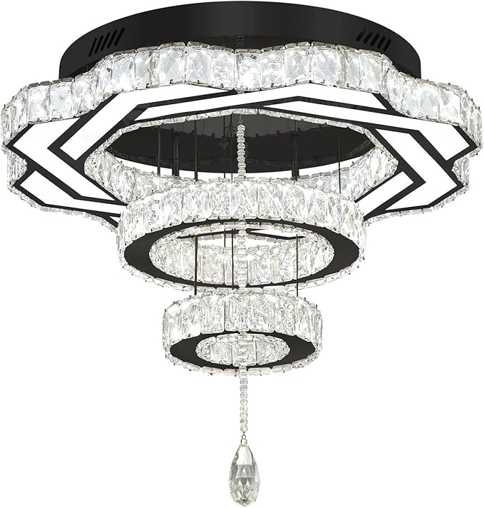 Flashing God Modern Crystal Chandeliers Dia 24" Black Chandelier Flush Mount Ceiling Light for Bedroom Living Room Dining Room Hallway Dimmable 3 Rings LED Celing Lighting Fixtures-Ruum Studio Home