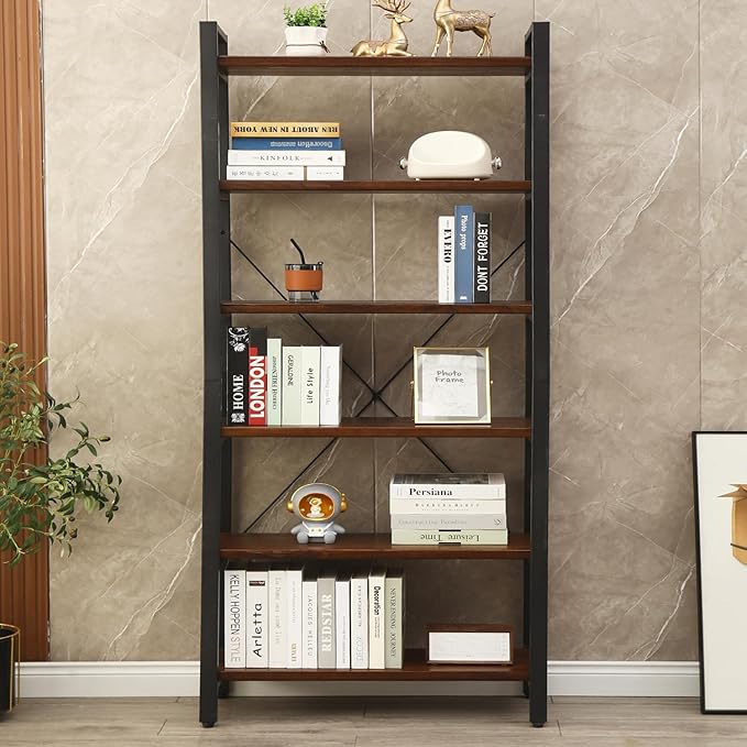 WH-AOERPYMY Natural Real Wood Bookcase,Industrial Bookshelf,6 Tier Solid Wood Open Book Shelf Storage,Metal Shelving Unit,Farmhouse Wide Etagere Bookcase for Office Living Bedroom (6 Tiers)-Ruum Studio Home