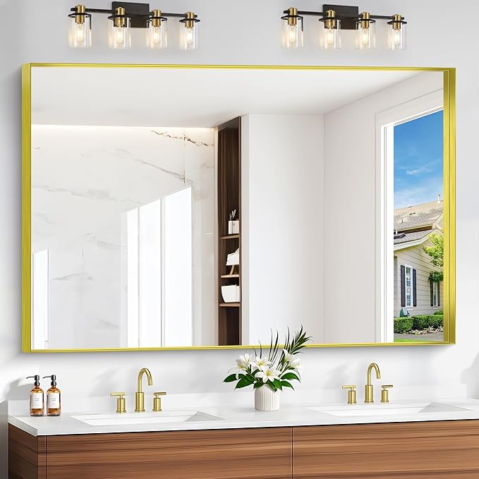 Gold Bathroom Mirror, 60x40 Inch Rectangular Framed Mirror, Large Wall Mounted Bathroom Vanity Mirror Over Sink for Bedroom,Restroom, Living Room, Hangs Vertically or Horizontally-Ruum Studio Home