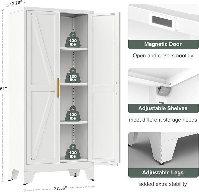 61" Tall Farmhouse Metal Pantry Cabinet, Kitchen Pantry Storage Cabinets with 2 Barn Door and Adjustable Shelves,Metal Pantry Storage Cabinet,for Kitchen,Laundry Room,Home Office,Kids Room (White)-Ruum Studio Home