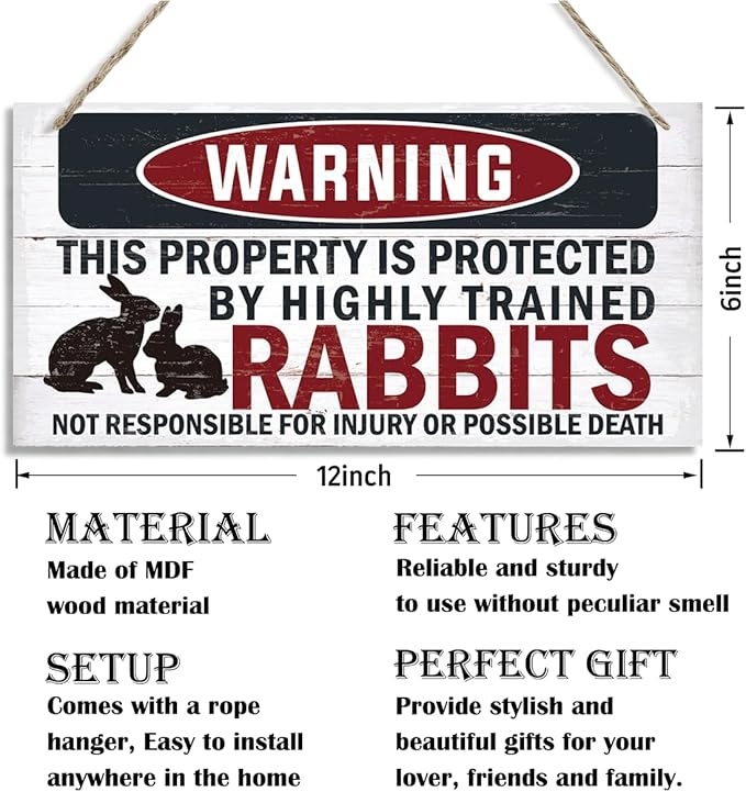 Funny Warning Signs, The Property is Protected By Highly Trained Rabbits Sign, Decorative Wood Hanging Wood Plaque, Rabbit Warning Decor Outdoor, Farm Decor, Rustic Home Decor for Front Door-Ruum Studio Home