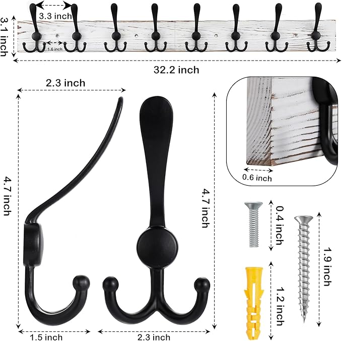 32.2'' Large Coat Rack Wall Mount Coat Hooks with 8 Metal Black Triple-Hooks Old White Pine Real Wood Plank Hat Rack for Wall Hooks-Ruum Studio Home