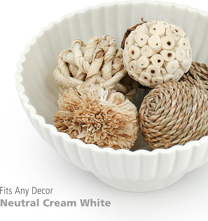 White Ceramic Fluted Decorative Bowl - 8 inch Fruit Footed Bowl for Kitchen Counter, Modern Key Pedestal Ruffle Bowl for Entryway Table & Home Organization-Fits Bread, Fruits, Salad or Popcorn-Ruum Studio Home