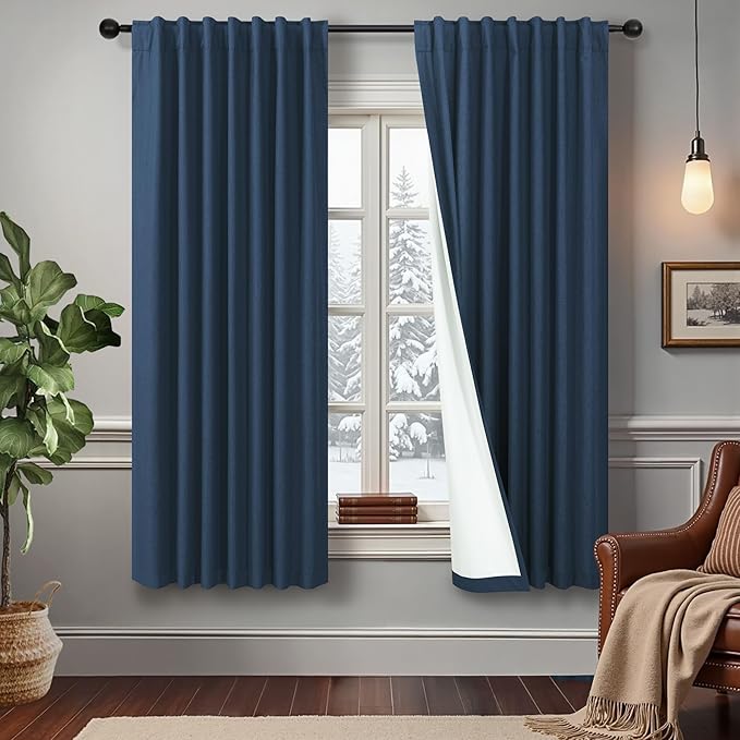 Navy Blue Linen Black Out Curtains 63 Inch Long 2 Panels Burg Thermal Insulated Total Blackout Window Shades Light Blocking Dark Curtains for Living Room Kids Children Boy Bedroom 63 Length White Back-Ruum Studio Home