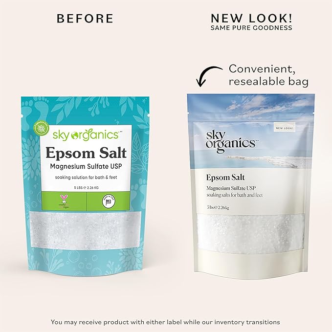 Sky Organics - Epsom Salt Bath Soak, 5 lbs - Magnesium Sulfate USP - 100% Pure, Medium Grain - Unscented - Soaking Bath Salts - Resealable Bag - Natural, Vegan & Cruelty Free - Self Care - Bath & Feet-Ruum Studio Home