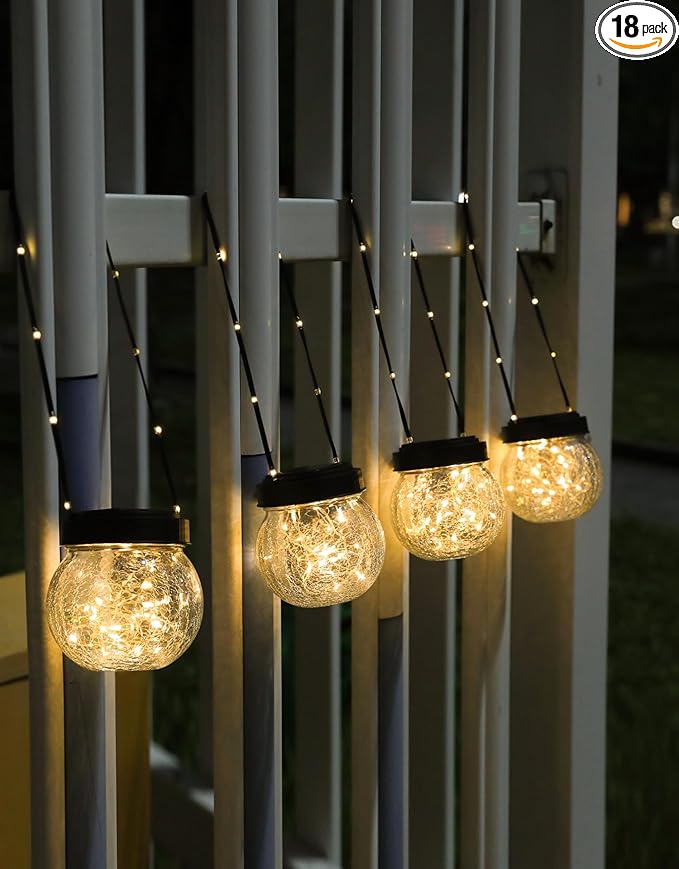 PARTPHONER Solar Lanterns Solar Lights Outdoor Waterproof 18-Pack, Solar Powered Hanging Lights Cracked Glass Hanging Globes for Christmas Decoration, Shepherd Hook, Garden Tree Ornaments-Ruum Studio Home