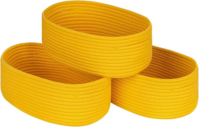 Shelf Storage Baskets for Organizing|Decorative Basket for Closet Storage|Toy Baskets&Bins|Small Woven Rope Baskets-13x8.66x5.11’’,Durable&Stylish,Oval 3 Packs Yellow-Ruum Studio Home