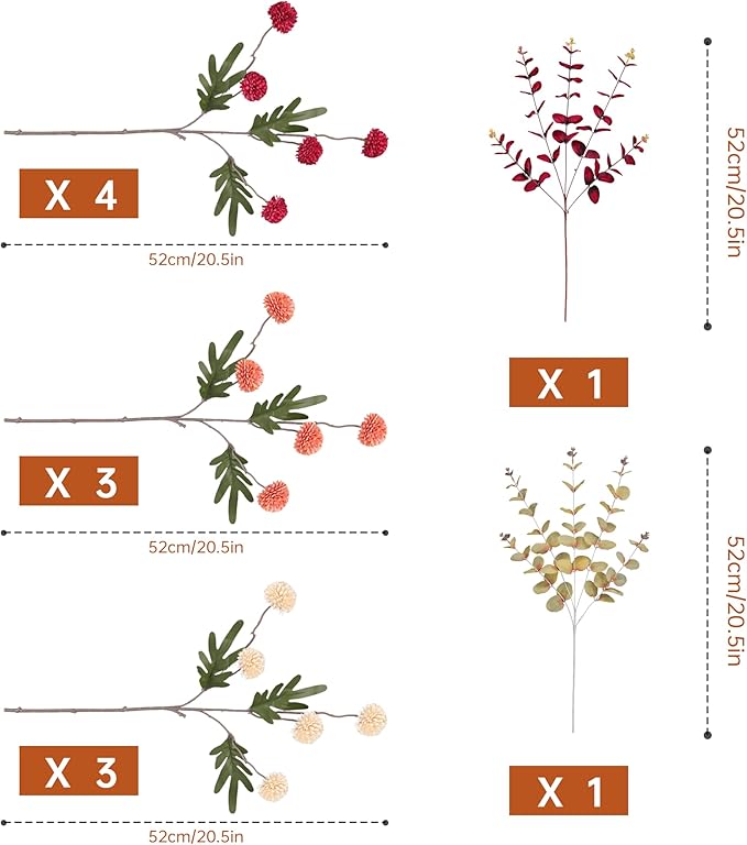 Faux Kiku Flowers Fall 10 Stems & 2 Eucalyptus, Fake Mums Pompon Flower Ball, Autumn Burnt Orange Artificial Chrysanthemums Flowers for Boho Decor, Mini Faux Kiku Flower Wedding Arrangements Decor-Ruum Studio Home