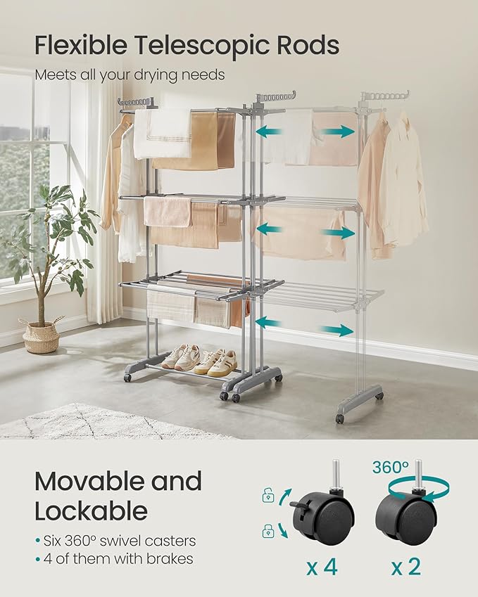 SONGMICS Clothes Drying Rack 4-Tier, Foldable Laundry Drying Rack 69.9-Inch Tall, Extendable Rods, Stainless Steel, Rolling Clothes Horses, Clothes Airer, Indoor Outdoor Use, Dove Gray ULLR704G01-Ruum Studio Home