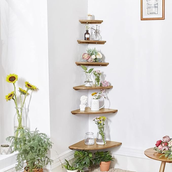 Corner Shelves, Floating Corner Shelf, Set of 2 Solid Oak Wood Wall Shelves, Round End Wall Mount with Wire Hole Shelving for Small Plant for Bedroom Kitchen, Living Room 8.7“-Ruum Studio Home