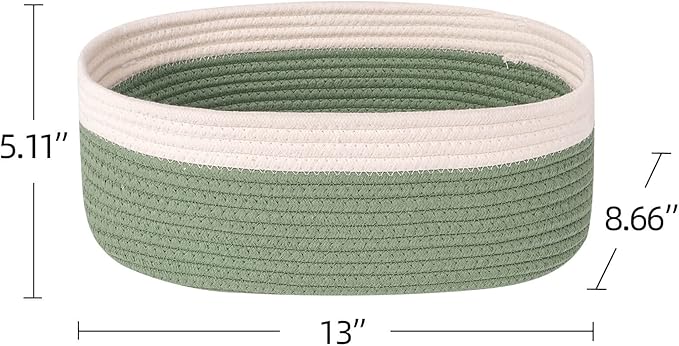 Shelf Storage Baskets for Organizing|Cute Basket for Closet&Blanket Storage|Small Woven Baskets to Store Toys,Books,etc.-13x8.66x5.11’’ Cotton Rope,Stylish,Oval 3 Packs Off White&Green-Ruum Studio Home