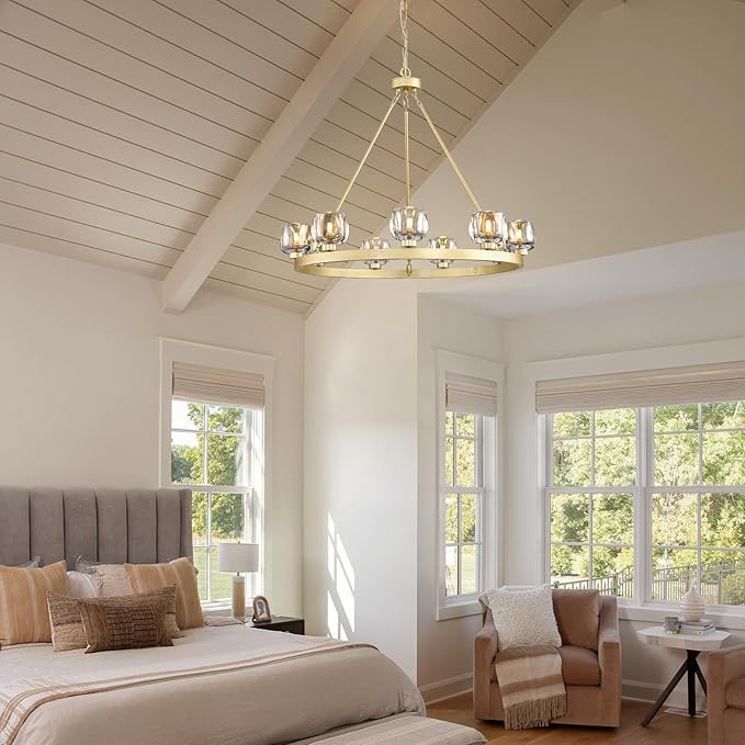 Gold Wagon Wheel Chandelier, 36 Inch Brass Chandeliers with Unique Glass Shade, 9-Light Crystal Farmhouse Wagon Wheel Chandeliers for Dining Room, Round Chandelier for Living Room, Foyer, Entryway-Ruum Studio Home