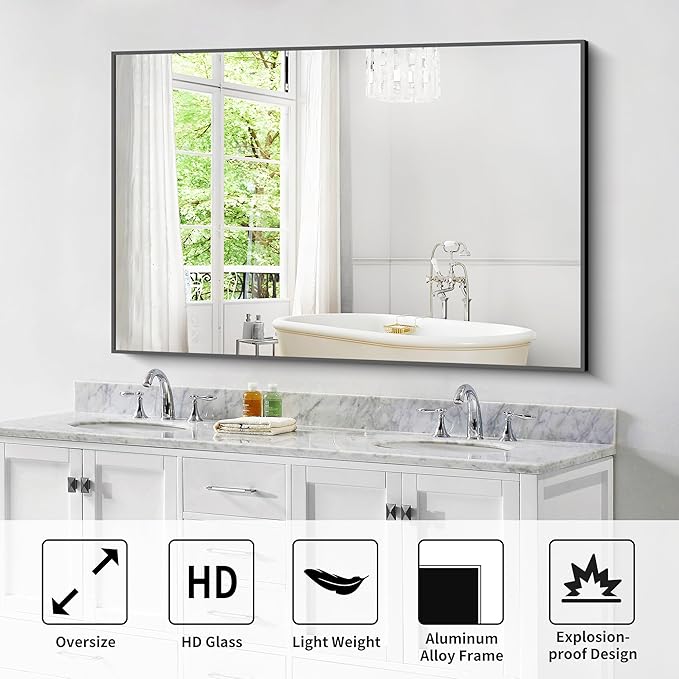 Bathroom Black Mirror, 36x55in Black Rectangle Mirror with Thin Metal Frame, Large Rectangular Wall Mirror for Bathroom, Living Room, Hair Salon, Big Farmhouse Mirror Hang Horizontal/Vertical-Ruum Studio Home